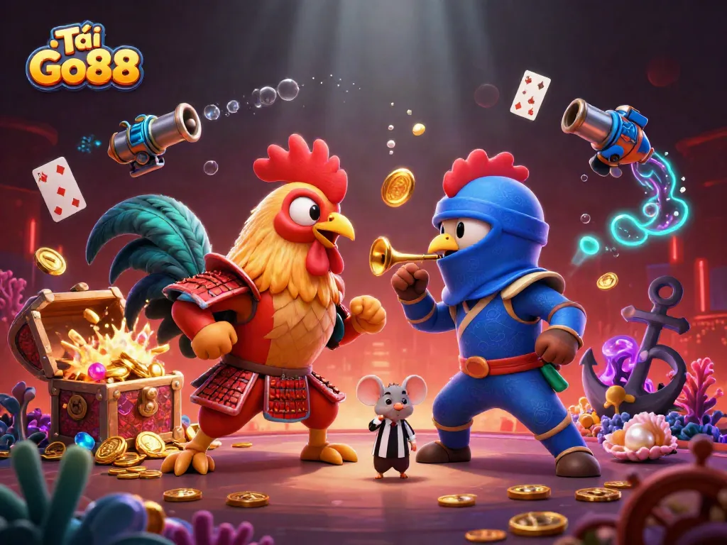 Engage with Tải Go88 in a dynamic standoff of 3D cartoon roosters amid vibrant casino elements.