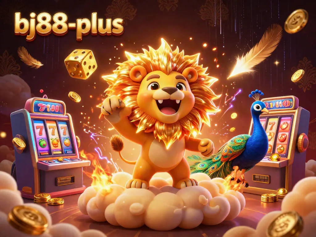 Experience the thrilling world of bj88-plus with an exciting 3D casino scene showcasing vibrant slot machines and a majestic, roaring lion.
