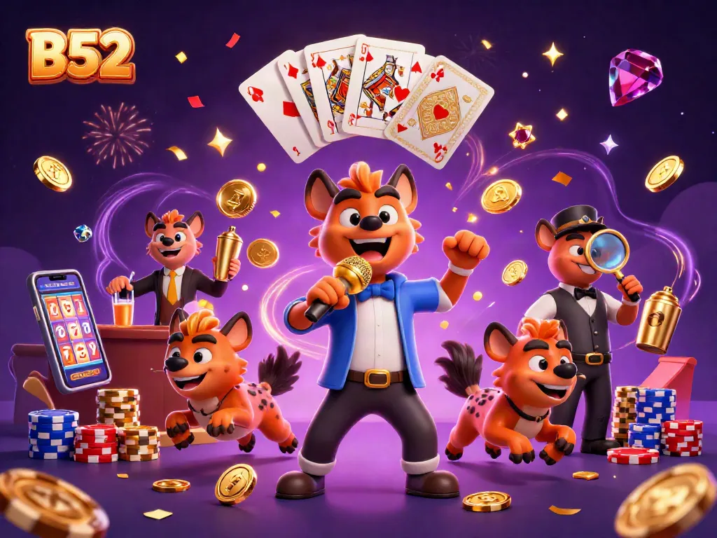 Experience the fun of B52 in a vibrant casino scene with hyenas entertaining and mixing cocktails.