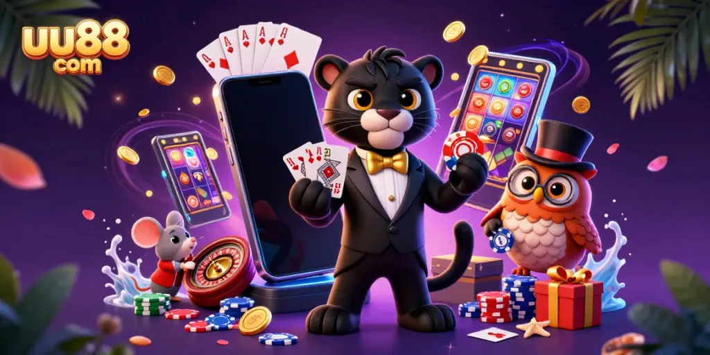 Experience the thrill of uu88 com with a stylish black panther dealer amidst colorful casino elements.
