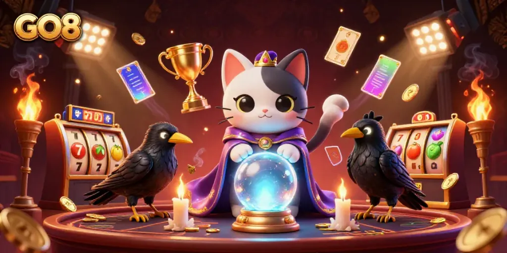 Engage with GO8 in a vibrant casino scene featuring mystical elements and dynamic game actions.