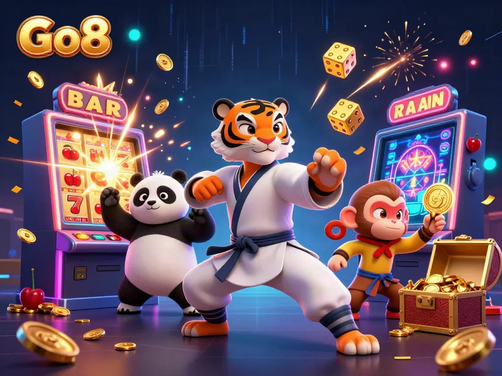 Go8 showcases a thrilling casino scene with kung fu characters, slot machines, and vibrant symbols.