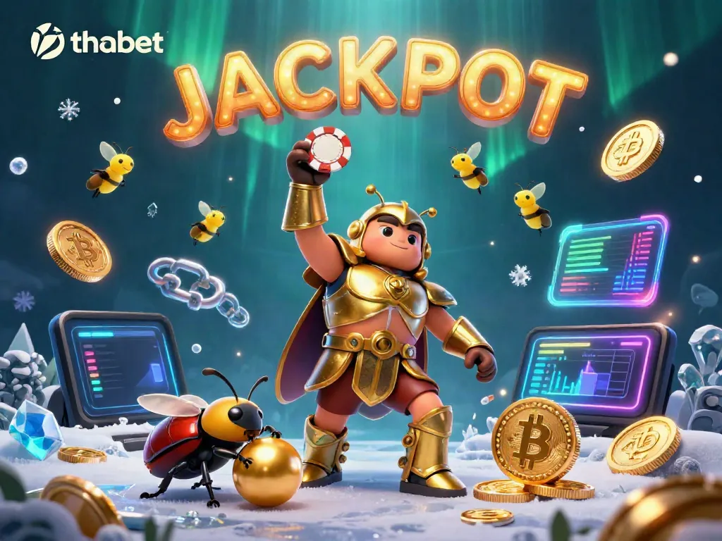 Experience thrilling wins at thabet with this vibrant 3D casino scene showcasing a heroic beetle celebrating a jackpot.