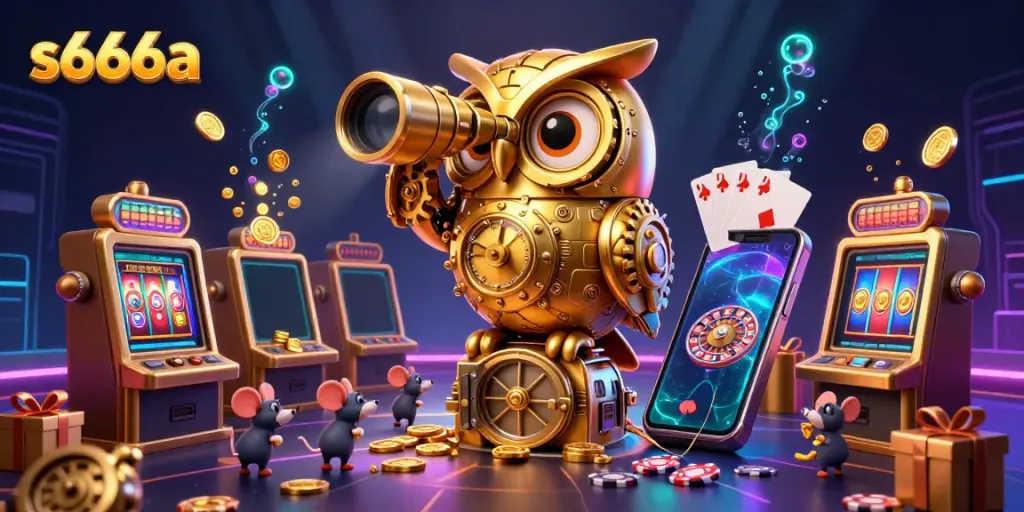 Experience the excitement of s666a with engaging casino-themed characters and vibrant game elements in a 3D scene.