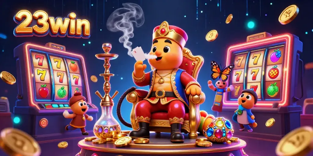 Catch the excitement at 23win with vibrant slots, golden coins, and dynamic characters in a detailed 3D scene.
