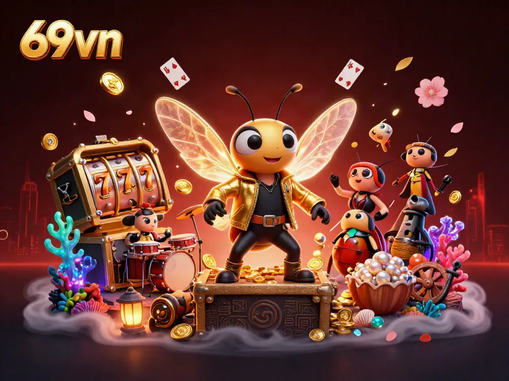 Engage with the energetic 69vn casino scene filled with vibrant games, treasures, and characters.