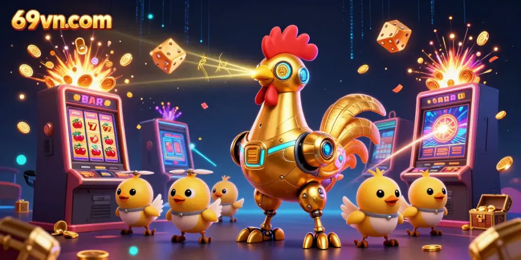 Engage with vibrant casino excitement as 69vncom’s golden rooster robot leads a colorful gaming adventure.