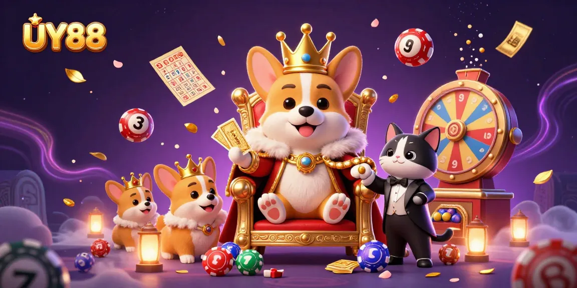 Experience the vibrant world of UY88 with a royal corgi on a poker chip throne surrounded by lively game elements.