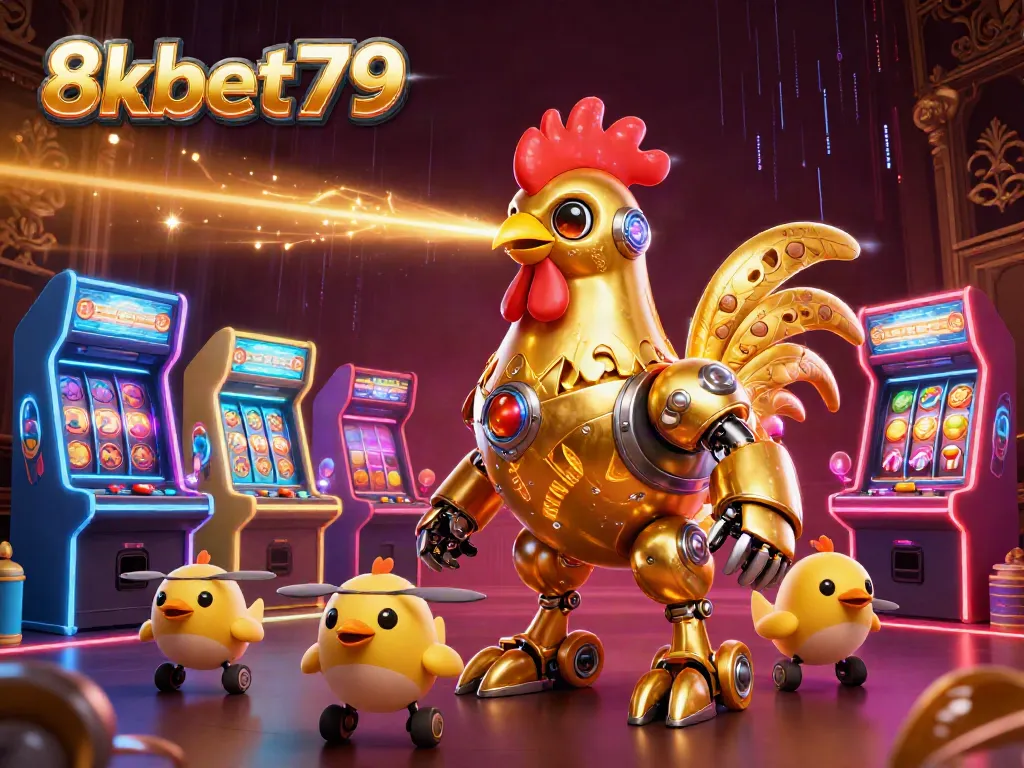 Experience thrilling gameplay at 8xbet79 with vibrant 3D illustrations of gaming robots and casino symbols.