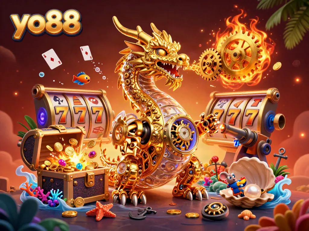 Experience the thrill of yo88 with a vibrant illustration of a golden dragon and slot elements enriching gameplay.