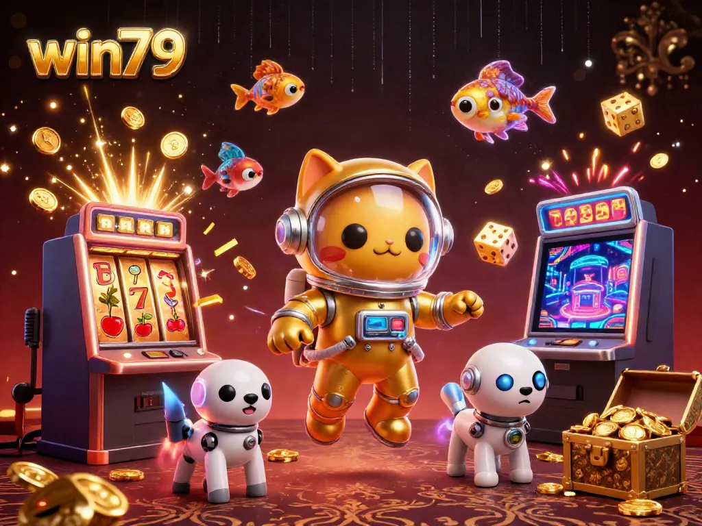 Win79 jackpot celebration with a cat astronaut, robot dog, and casino themes in a cosmic scene.
