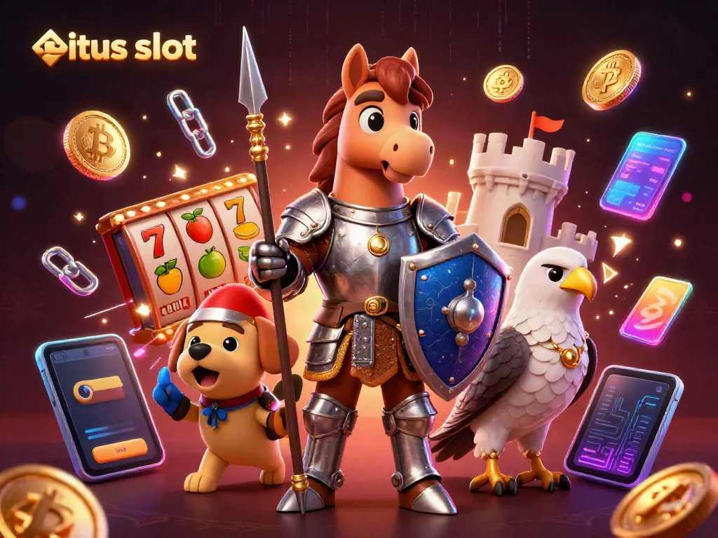 Engage in situs slot excitement with a knight, squire, and falcon surrounded by vibrant slot imagery.