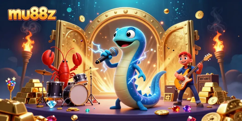 Experience the excitement with mu88z at an underwater casino, featuring vibrant characters and treasures.