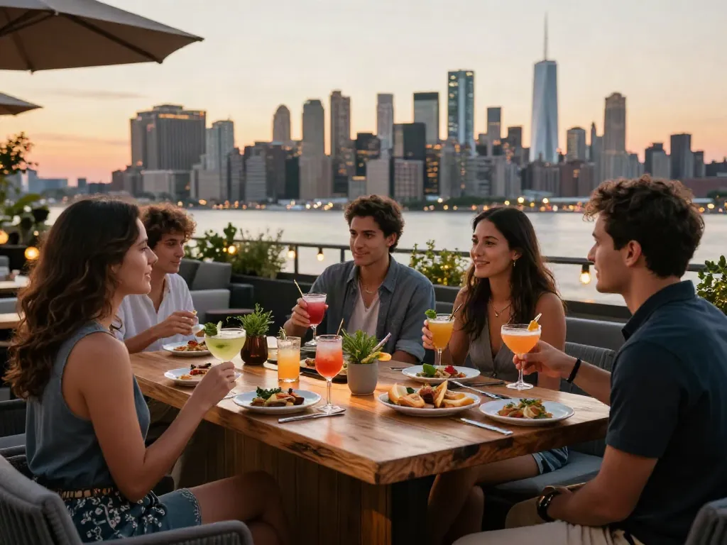 Gathering at NoHu Rooftop Bar with cocktails and city views