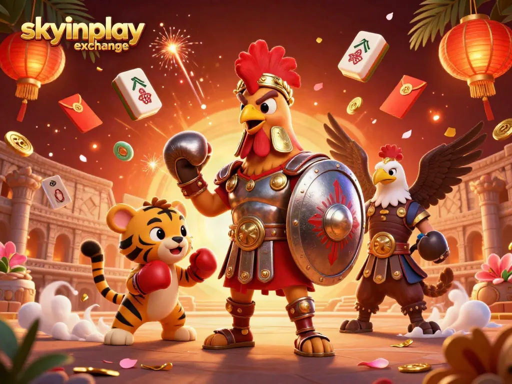 Engage in thrilling betting adventures with the Skyinplay exchange featuring a gladiator rooster and dynamic illustrations.