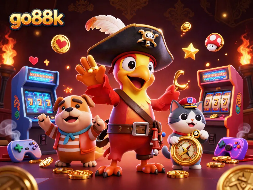 Experience thrilling gameplay at go88k with a pirate captain and friends amidst vibrant casino elements.