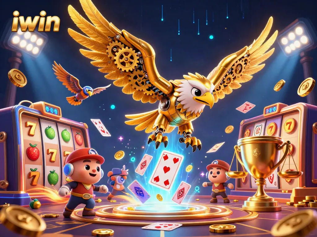 Experience thrilling iwin action with a golden eagle amidst dynamic slot elements and glowing tokens.