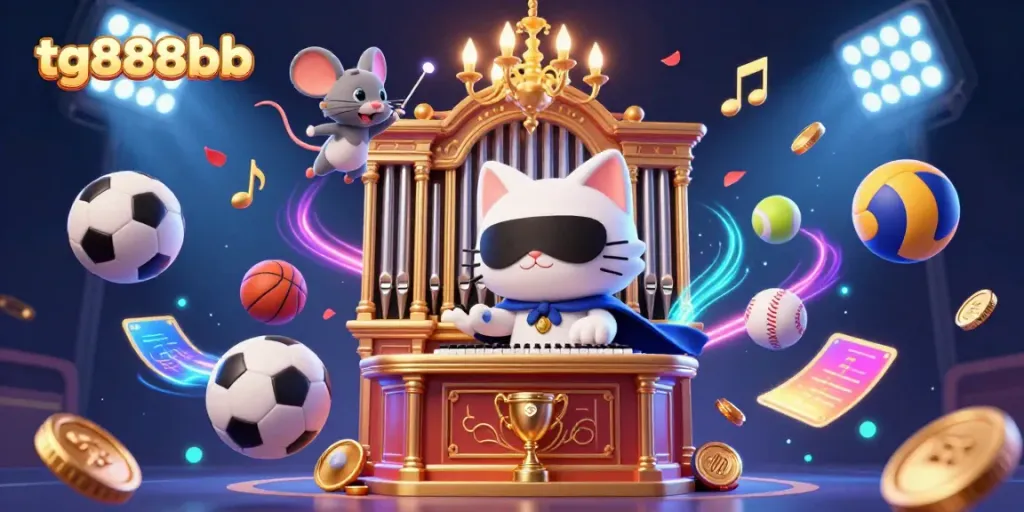 Engage in thrilling games at tg888bb with vibrant casino elements like sports balls and a mystical cat.
