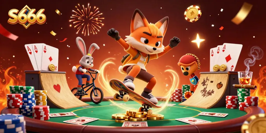S666 pulsates with energy as a skateboarder fox performs tricks over a poker ramp in a vivid casino setting.