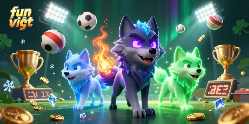 Experience exhilarating wins with fun việt casino games featuring ethereal wolf characters amidst dynamic sports elements.