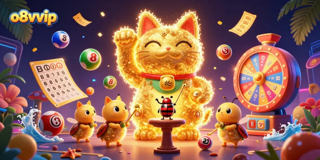 Experience vibrant gaming excitement with o8vvip's dynamic lottery scene showcasing a lucky cat and festive elements.
