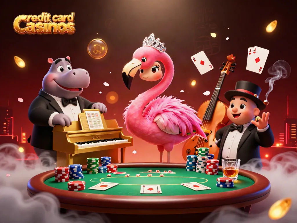 This vibrant illustration showcases credit card casinos with a singing flamingo and a hippo bassist at a poker table, capturing the casino atmosphere.