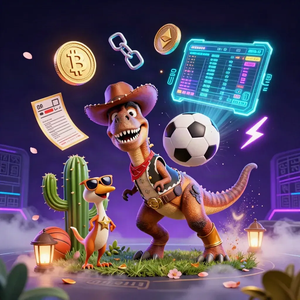Cowboy T-Rex, cactus, and roadrunner explode around a neon soccer ball in casino style.