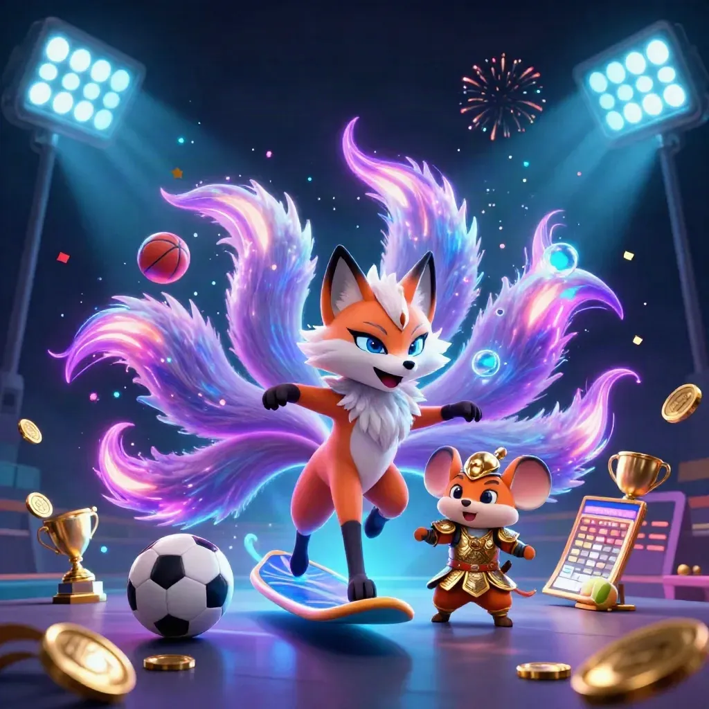 Nine-tailed fox spirit and samurai mouse amid neon sports magic, trophies, coins, and stadium lights.