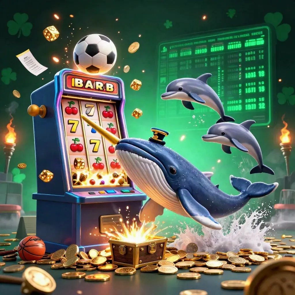 Whale, narwhal, and dolphins burst through coins with slot symbols and glowing dice.