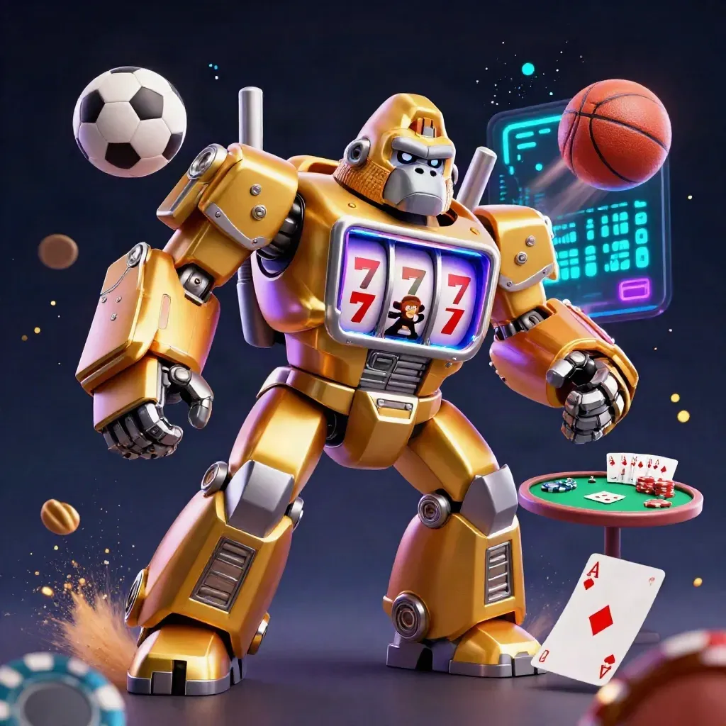 Golden gorilla mech with monkey pilot amid poker chips, cards, sports balls, cyan-violet casino light.