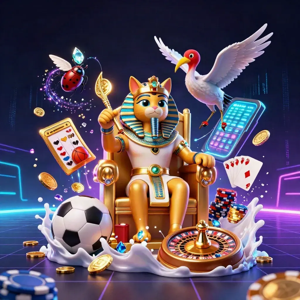 Pharaoh cat and ibis amid flying coins, cards, chips, and neon casino energy in a dark arena.