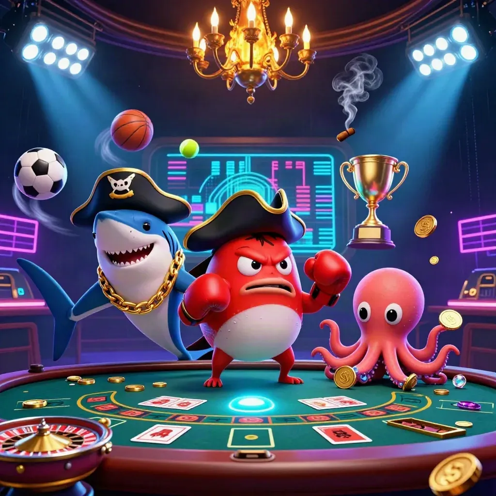 Pirate shark, boxing pufferfish, and octopus amid neon casino luxury and flying sports balls.