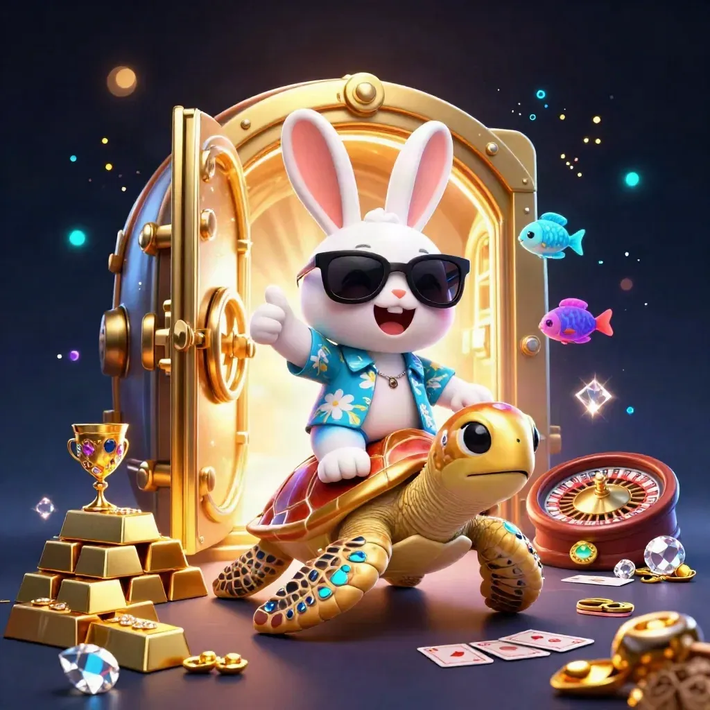 Lucky rabbit rides a golden sea turtle through a glowing vault of gold, gems, and casino lights.