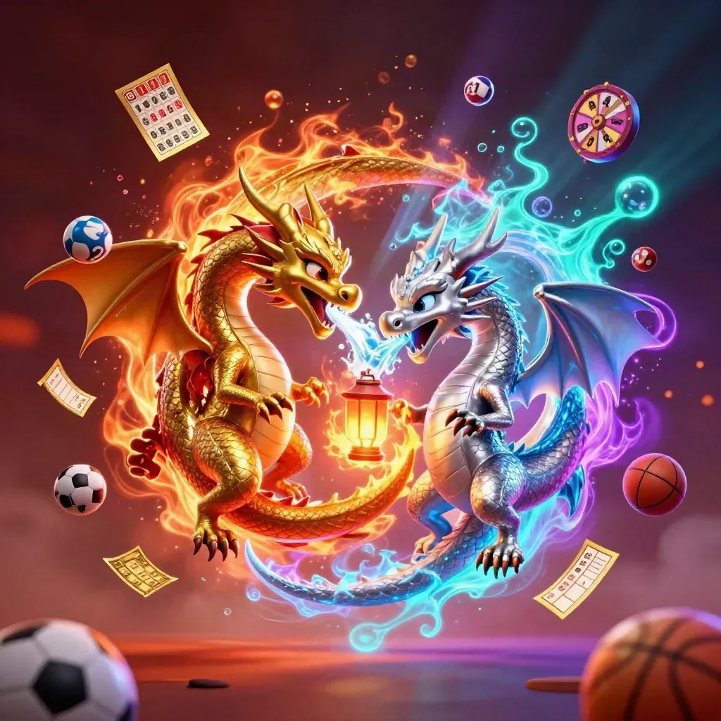 Gold and silver dragons whirl over casino tokens in neon navy, cyan and violet.