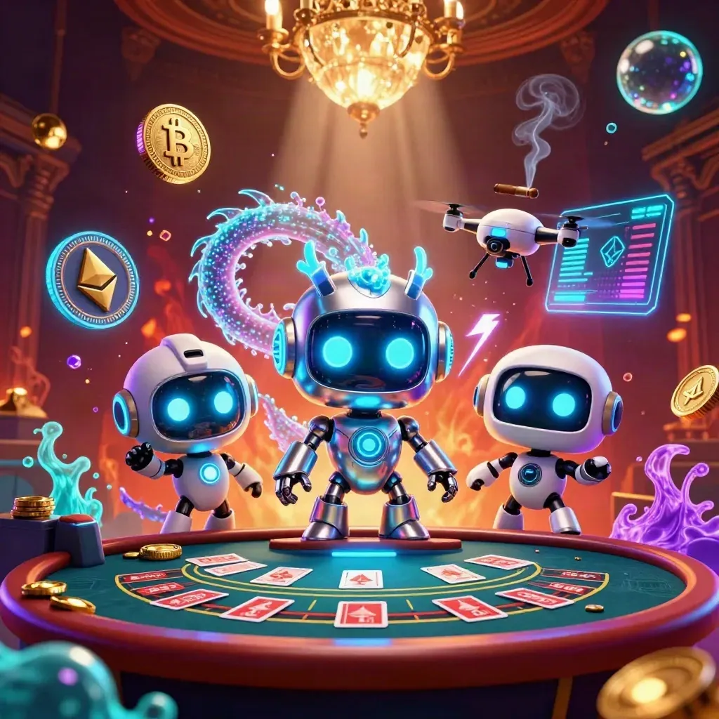 Cyberpunk robot, holo dragon, and drone in a luxe casino scene with glowing coins and neon effects.