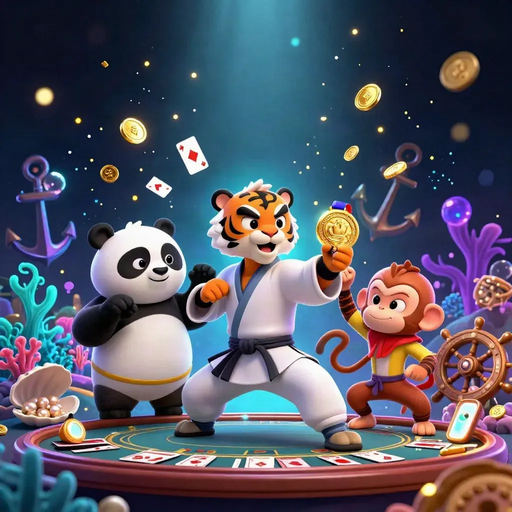Tiger, panda, and monkey in a luxe casino treasure-cove fantasy with glowing lights.
