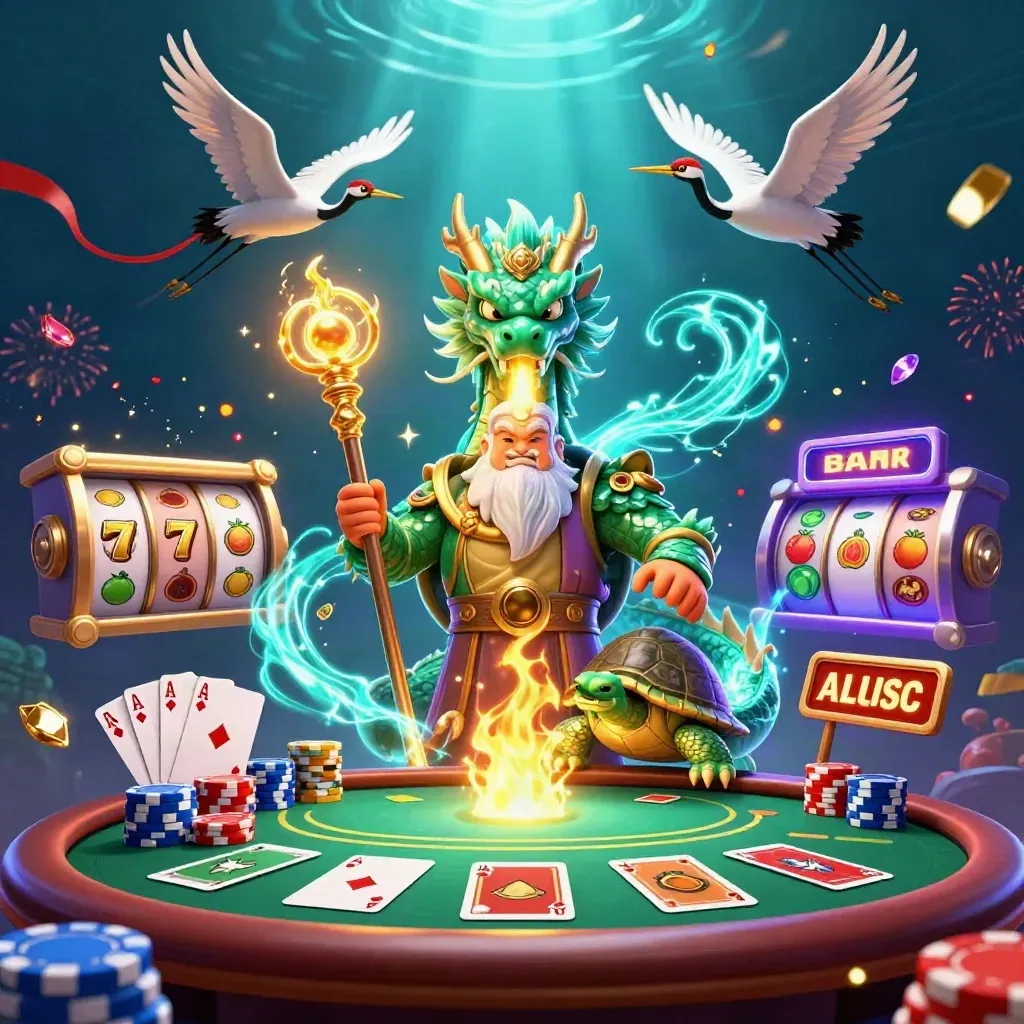Emerald dragon, turtle sage and cranes burst over casino cards, chips, gold fire and cyan energy.