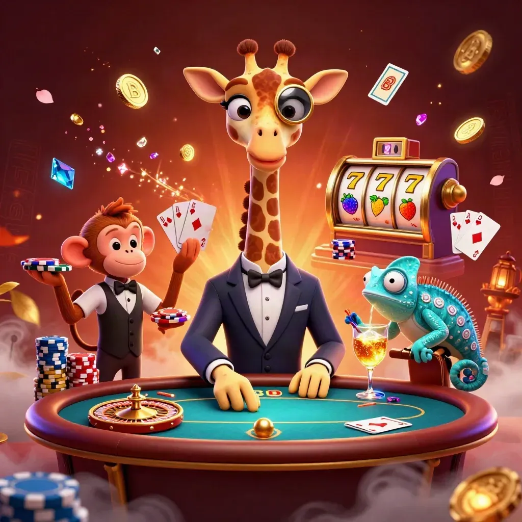 Cartoon giraffe high-roller, monkey valet, and chameleon bartender amid casino sparks