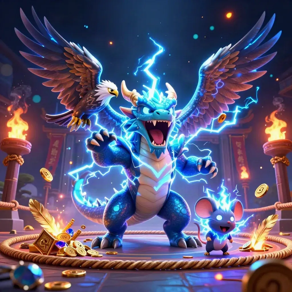 Thunder dragon, wind hawk, and thunder-mouse explode with cyan lightning in a luxe casino fantasy scene.