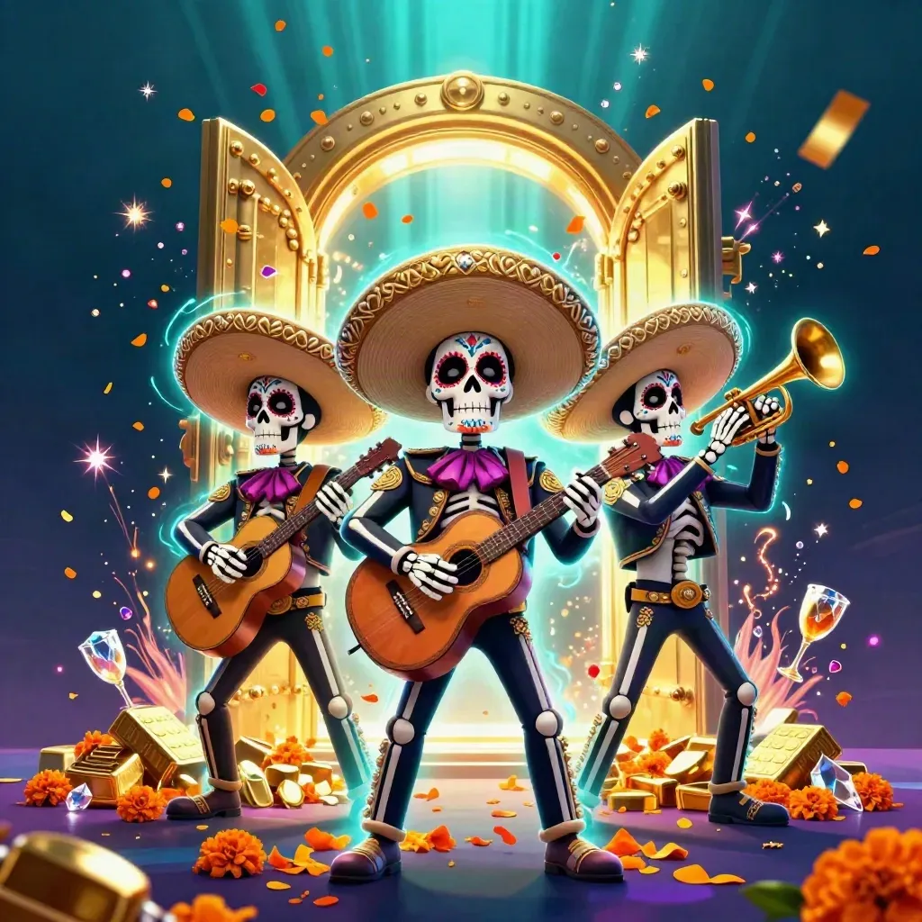 Three skeleton mariachi heroes burst from a glowing treasure vault with cyan energy and casino gold