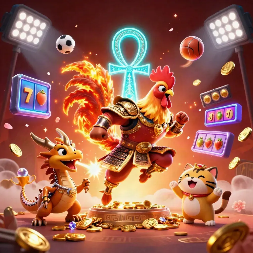 Rooster warrior, dragon hatchling and fortune-cat burst through treasure, balls and cyan magic.