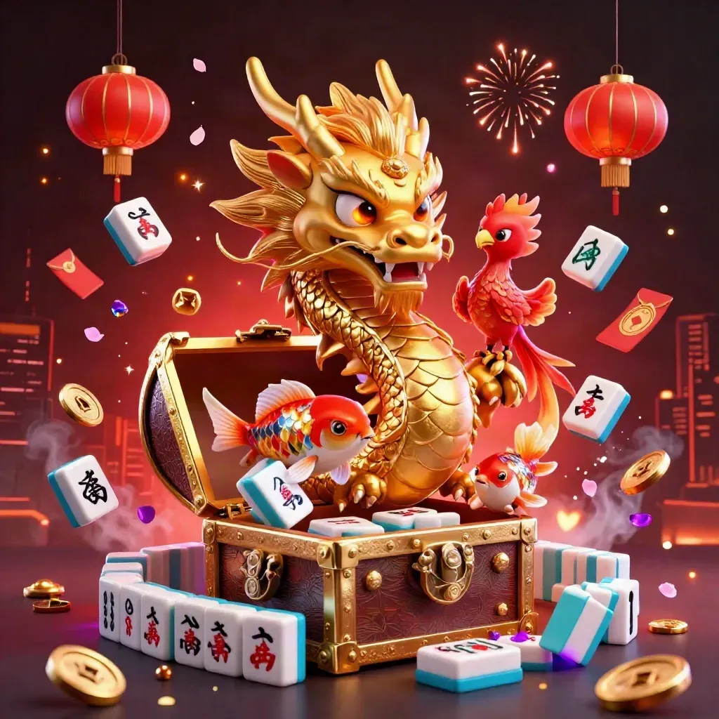Golden dragon with phoenix and koi amid treasure, lanterns, coins, and neon casino light.