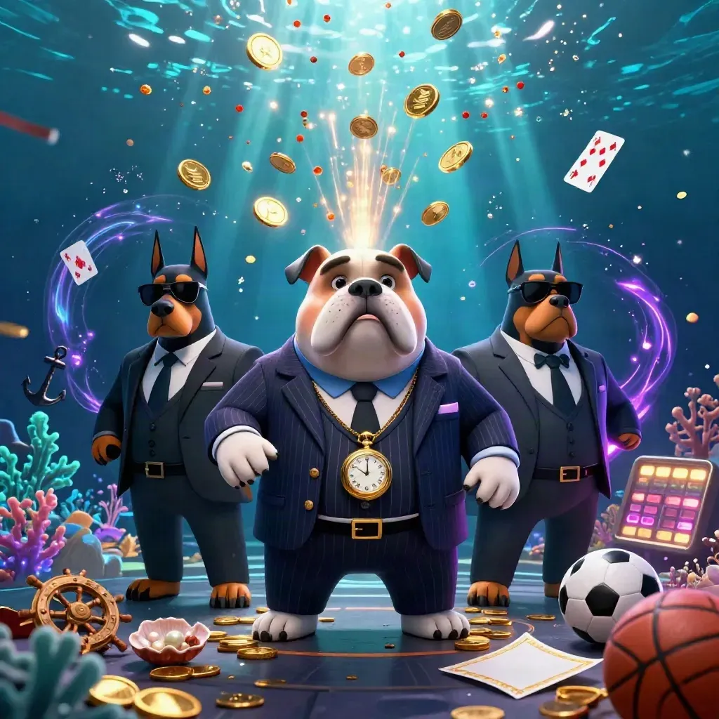 Bulldog boss and Doberman guards in an underwater treasure burst with coins, coral, fireworks, and casino props