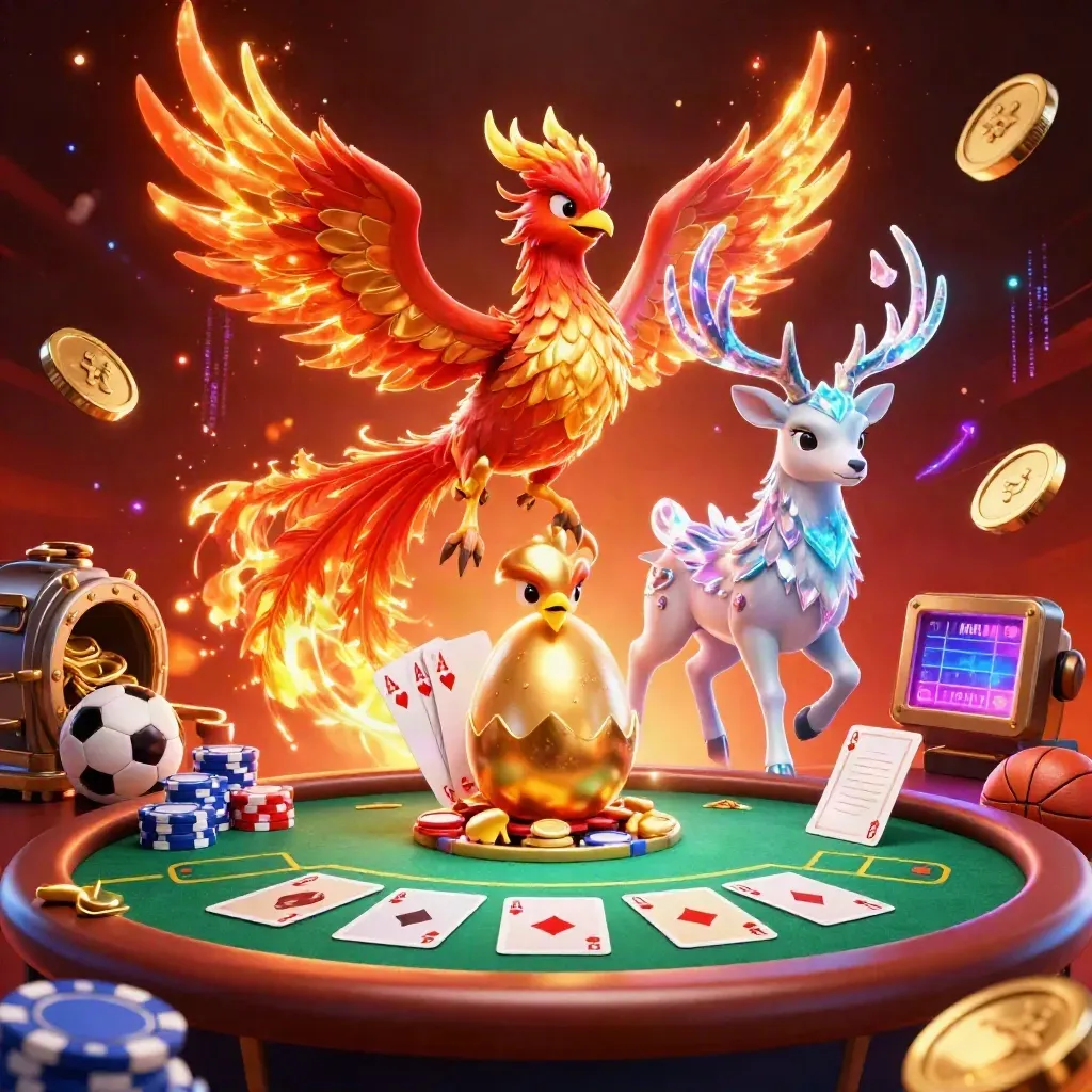 Phoenixes and a crystal stag erupt in casino celebration with coins, chips, and fireworks.