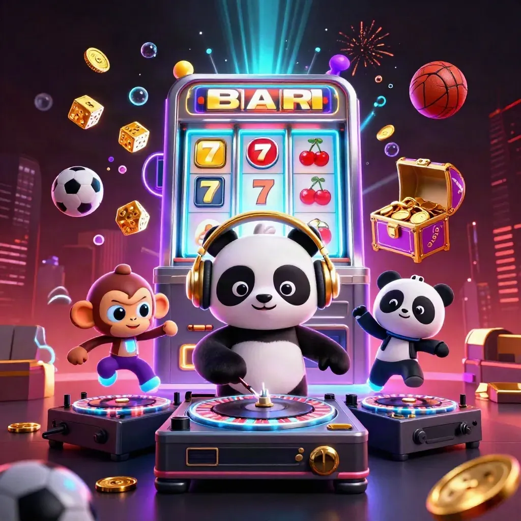 DJ panda, dancing monkey, and glow-stick kitten amid bursting slots, coins, and neon casino effects.