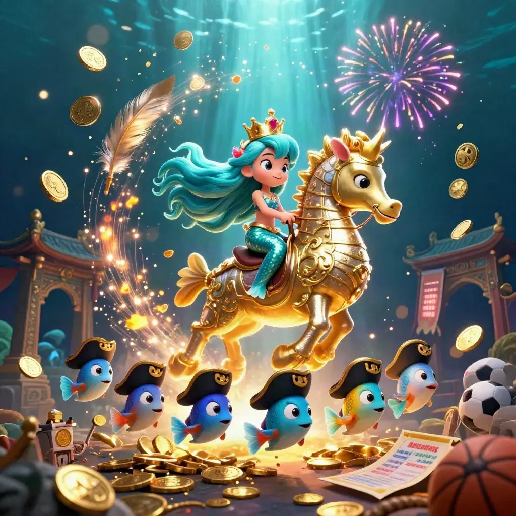 Mermaid princess and seahorse amid coin burst, fish, temple gate, sports props, and neon casino glow.