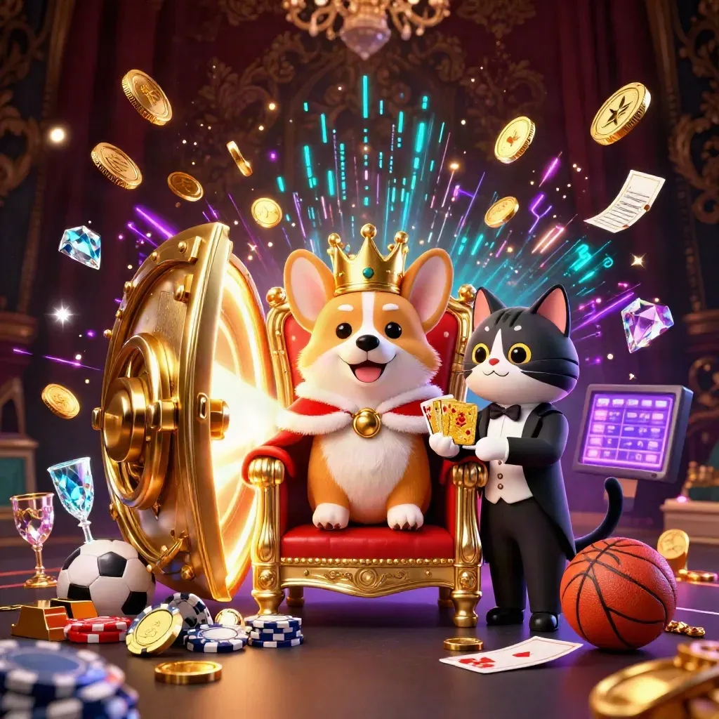 Royal corgi and cat butler amid exploding gold, vault light, and casino glamour