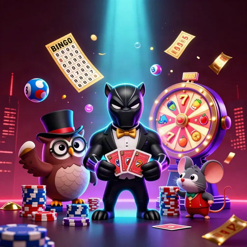 Panther, owl, and mouse casino heroes amid neon slot chaos and jackpot effects.