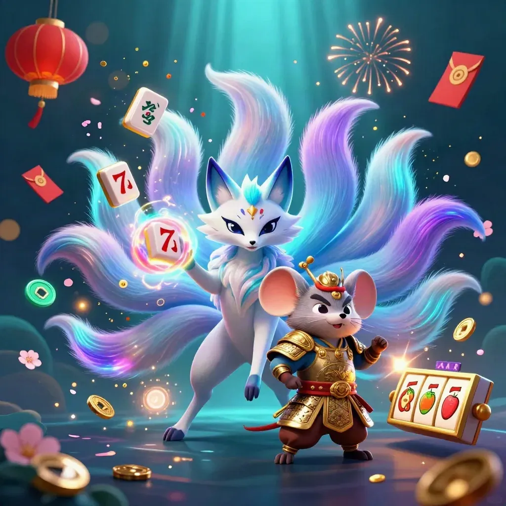 Neon nine-tailed fox spirit and samurai mouse amid casino treasures in underwater glow.