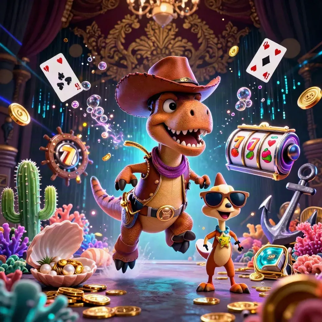 Cowboy T-Rex trio in a neon underwater casino treasure cove with coins, coral, and slot effects.